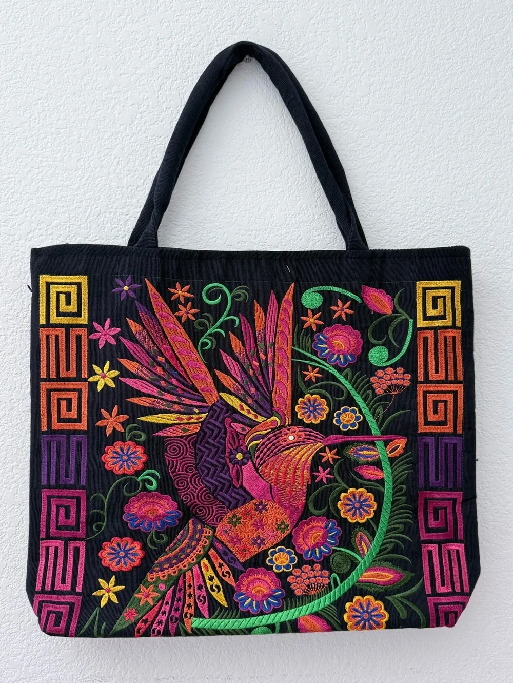 Black Embroidered Hummingbird Tote Bag - Vibrant Multicolor Design